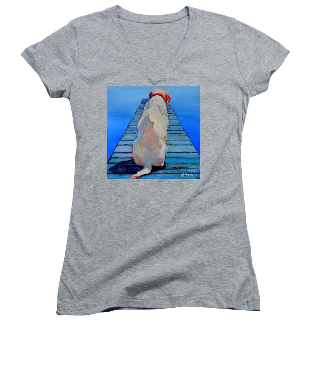 Yellow Labrador Retriever Women's V-Neck featuring the painting Seas Are Calm by Molly Poole