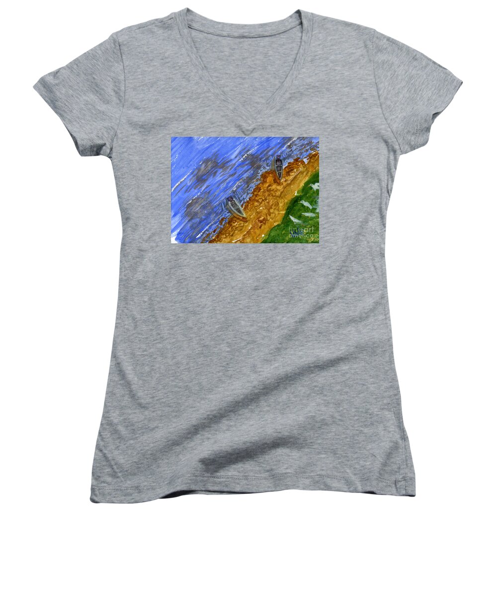 Landscape Women's V-Neck featuring the painting Seashore Sojourn by Victor Vosen