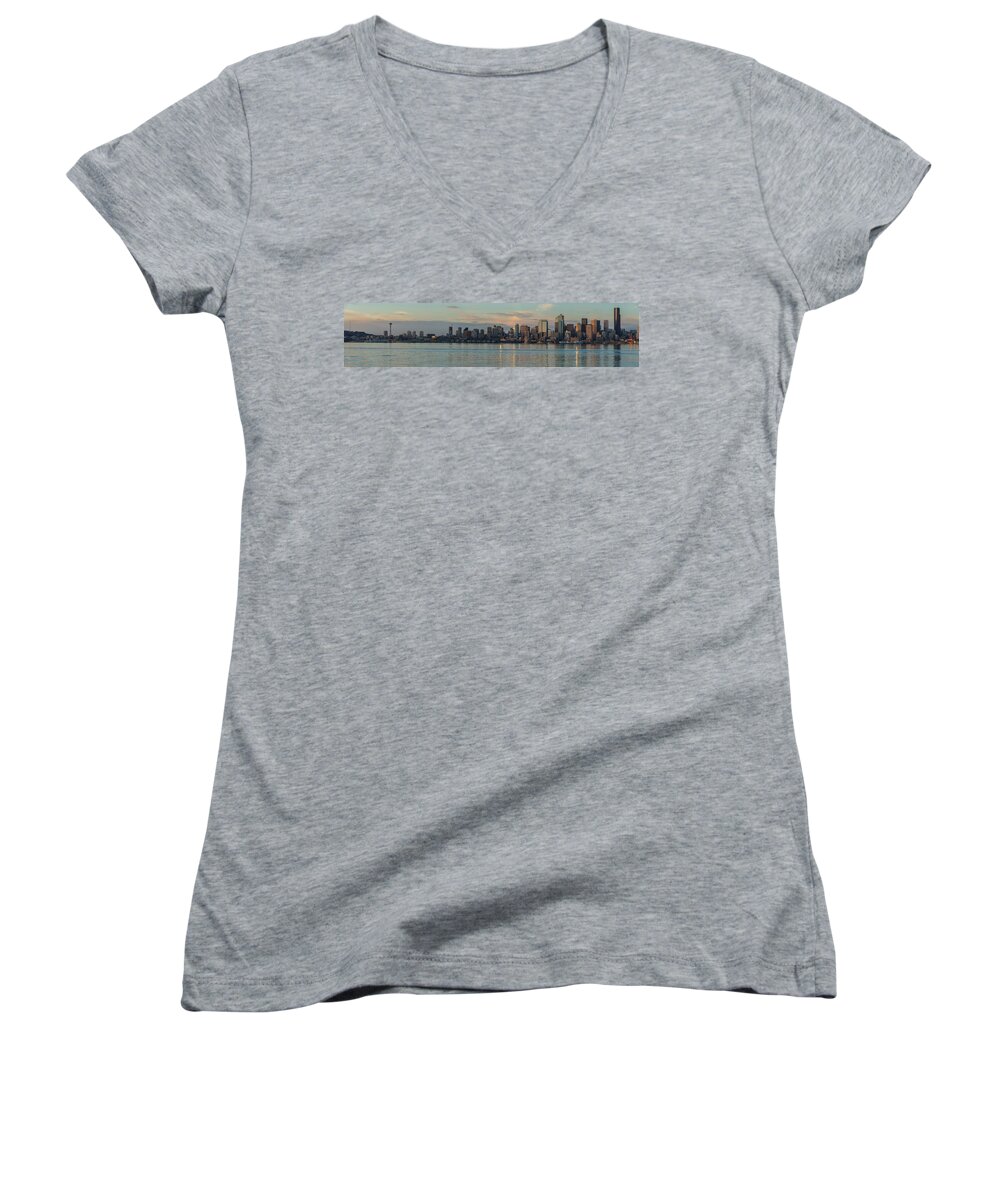 Seattle Women's V-Neck featuring the photograph Seattle Dusk Skyline Reflection by Mike Reid