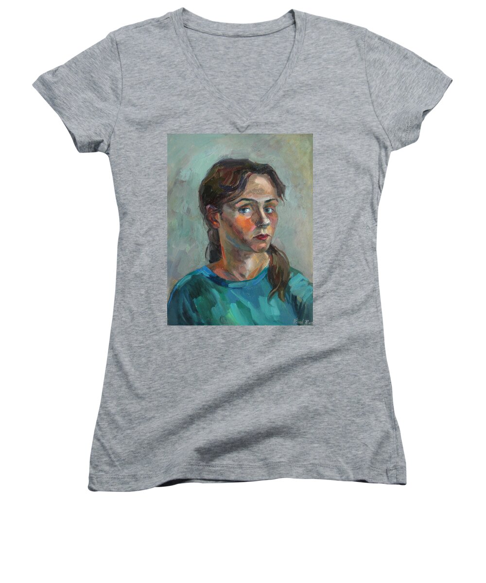 Portrait Women's V-Neck featuring the painting Self portrait in a turquoise by Juliya Zhukova