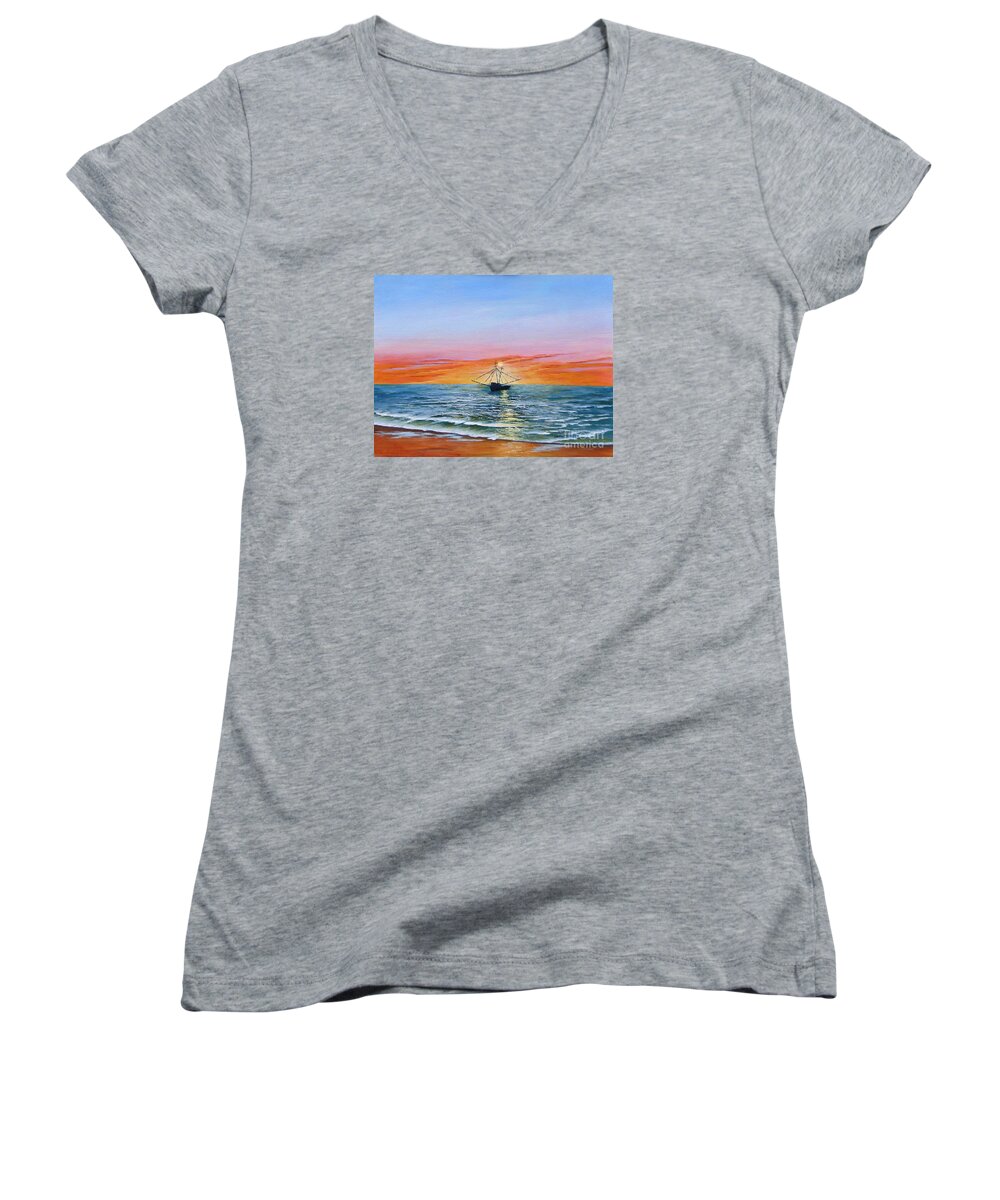 Seascape Women's V-Neck featuring the painting Shrimp Boat by Jerry Walker