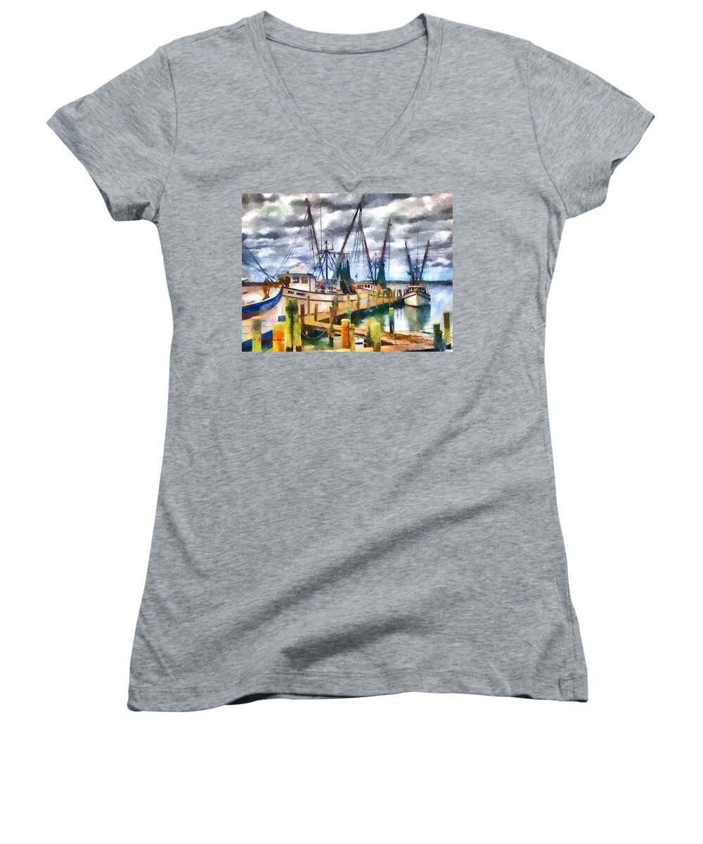 Shrimp Women's V-Neck featuring the painting Shrimp Boats by Lynne Jenkins