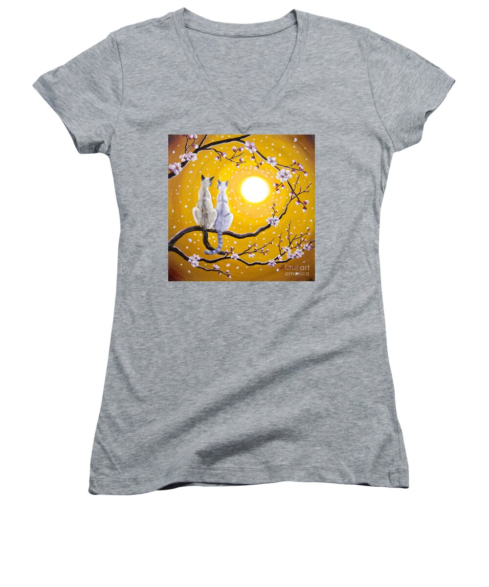 Zen Women's V-Neck featuring the painting Siamese Cats Nestled in Golden Sakura by Laura Iverson