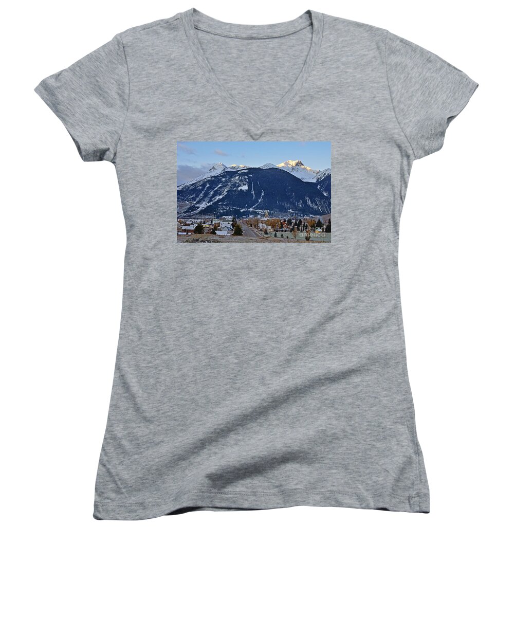 Silverton Women's V-Neck featuring the photograph Silverton's Mountain Majesty by Kelly Black
