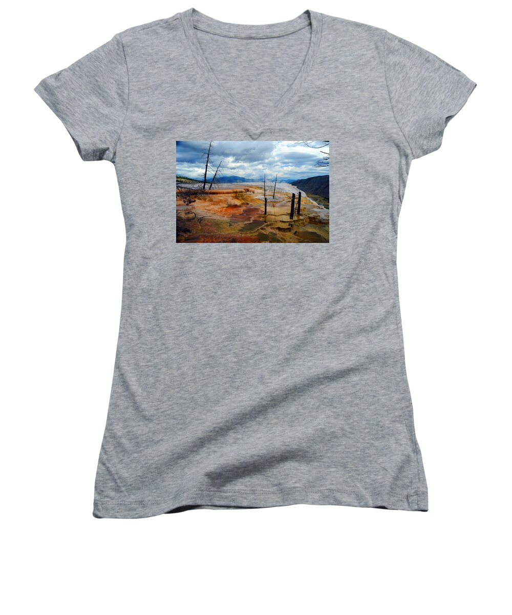 Yellowstone Women's V-Neck featuring the photograph Simmering Color by Richard Gehlbach