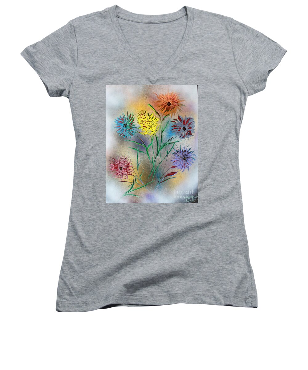 Nature Women's V-Neck featuring the painting Six Flowers by Greg Moores