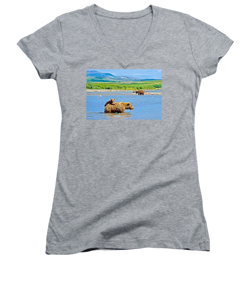 Six-month-old Grizzly Bear Cub Riding On Mom's Back To Cross Moraine River In Katmai National Preserve Women's V-Neck featuring the photograph Six-month-old Cub Riding on Mom's Back to Cross Moraine River in Katmai National Preserve-Alaska by Ruth Hager