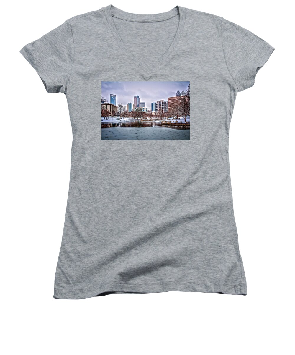 District Women's V-Neck featuring the photograph Skyline of uptown Charlotte North Carolina at night by Alex Grichenko