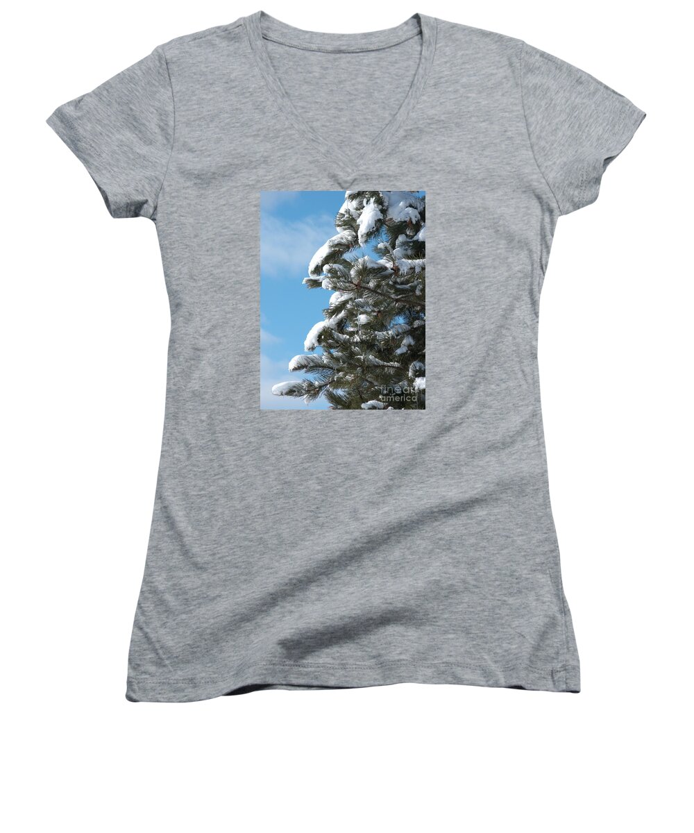 Snow Women's V-Neck featuring the photograph Snow-Clad Pine by Ann Horn