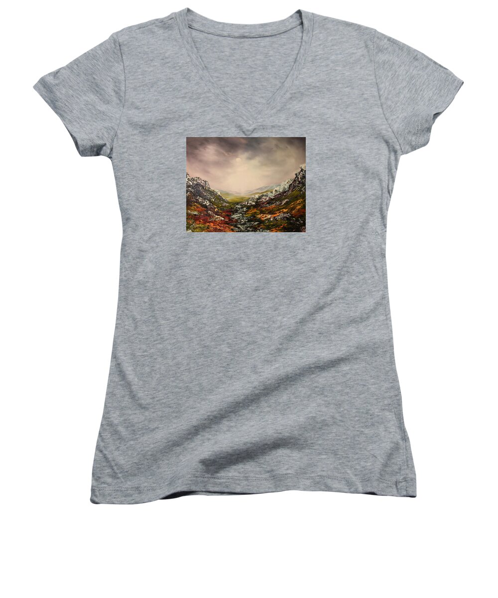 Scotland Women's V-Neck featuring the painting Snow on the Cairngorms by Jean Walker