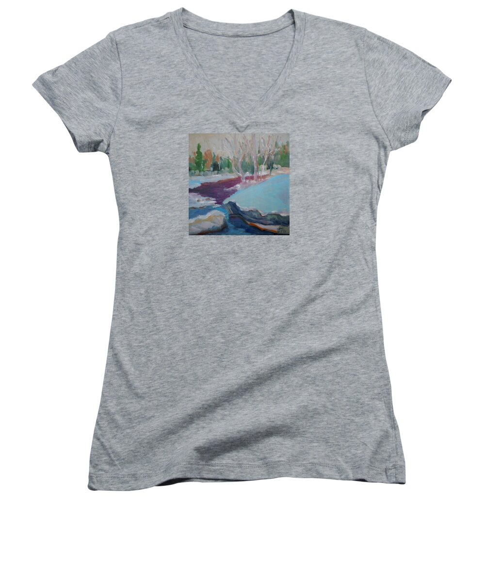 Oil Painting Women's V-Neck featuring the painting Snowy Stream by Francine Frank