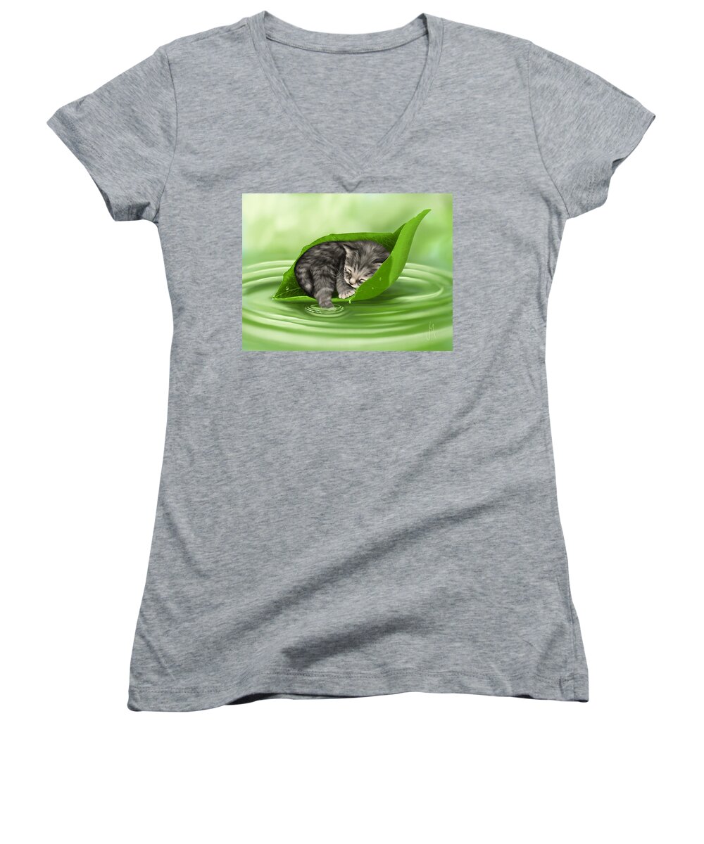 Cat Women's V-Neck featuring the painting Softly lulled by Veronica Minozzi