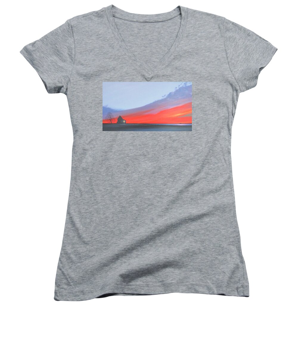 Sunset Women's V-Neck featuring the painting Solitude by Hunter Jay