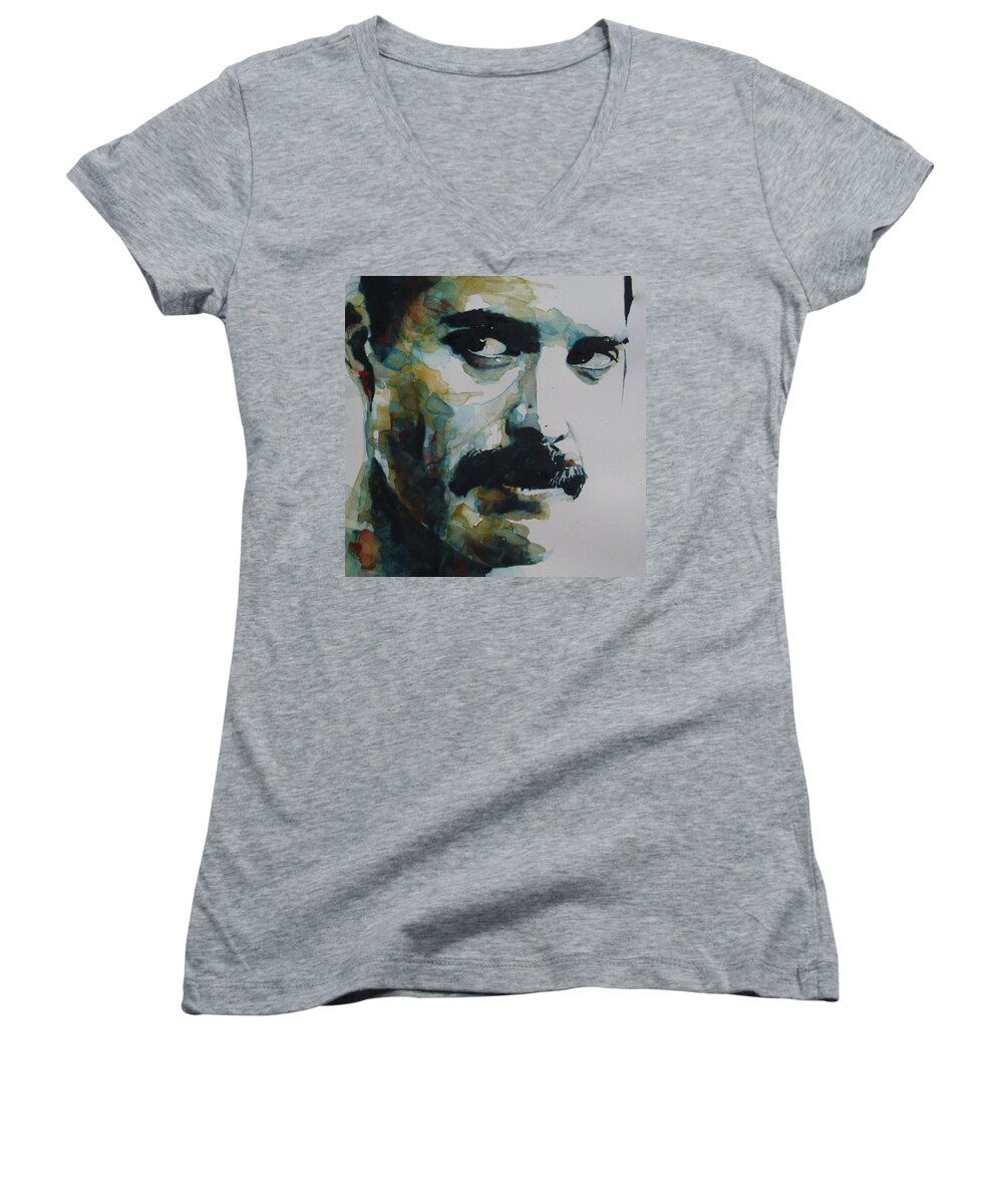 Rock And Roll Women's V-Neck featuring the painting Freddie Mercury by Paul Lovering