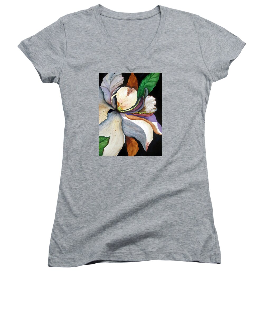 Flower Music Women's V-Neck featuring the painting White Glory II by Lil Taylor