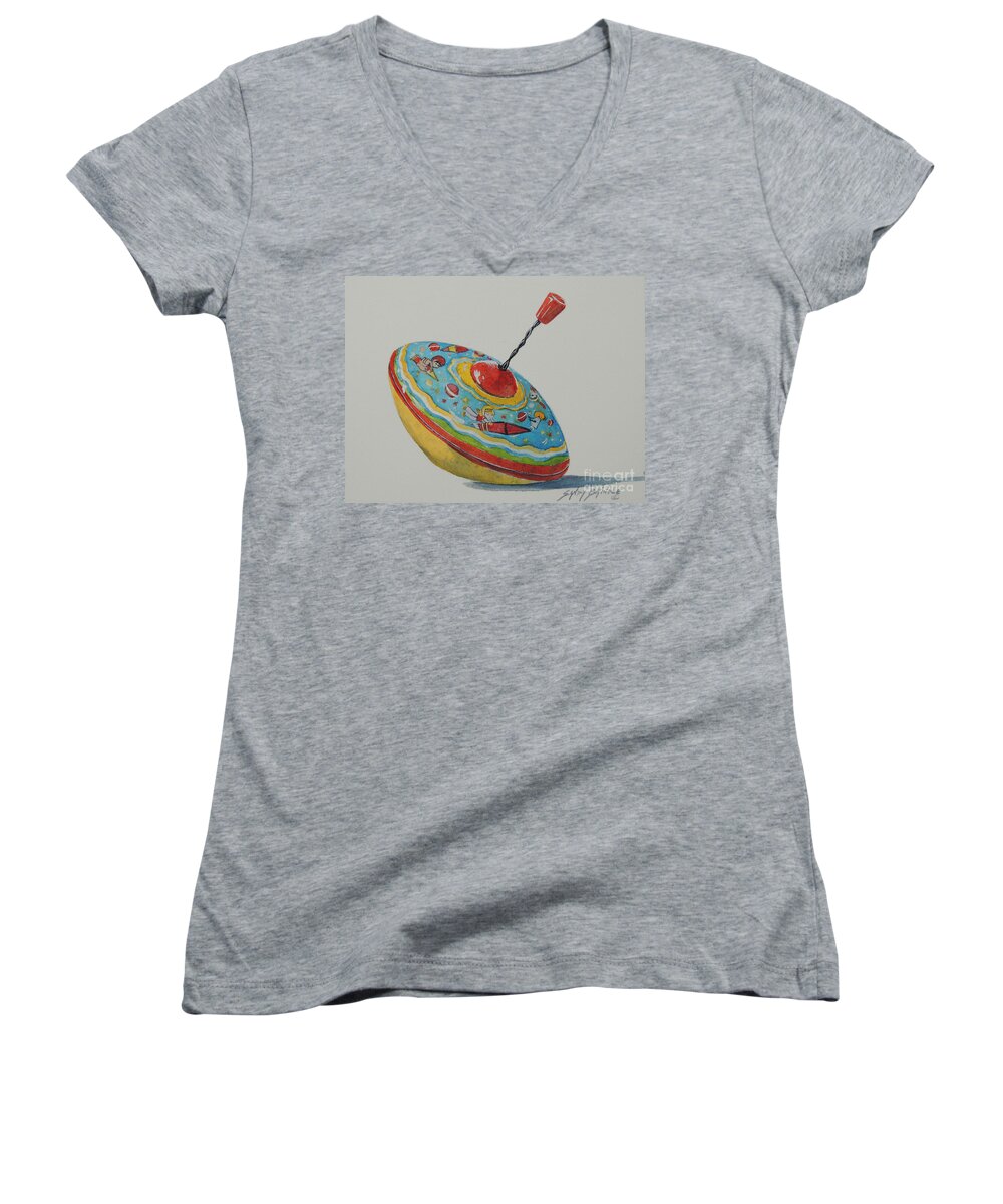 Watercolor Women's V-Neck featuring the painting Spinning Girls...SOLD by Sandy Brindle