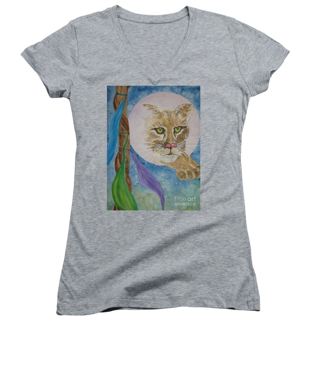 Cougar Women's V-Neck featuring the painting Spirit of the Mountain Lion by Ellen Levinson
