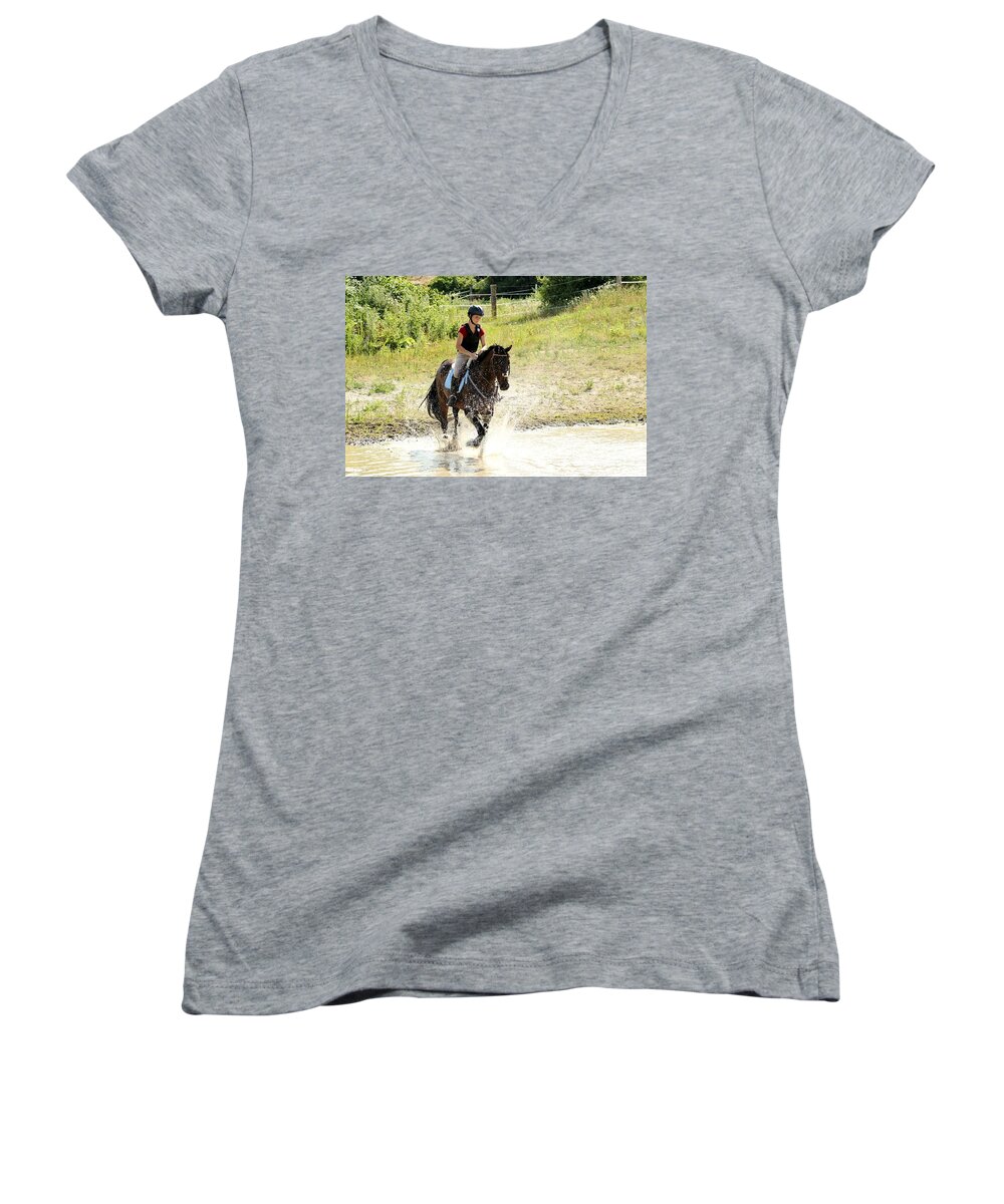 Horse Women's V-Neck featuring the photograph Splashing Thru Water Jump by Janice Byer