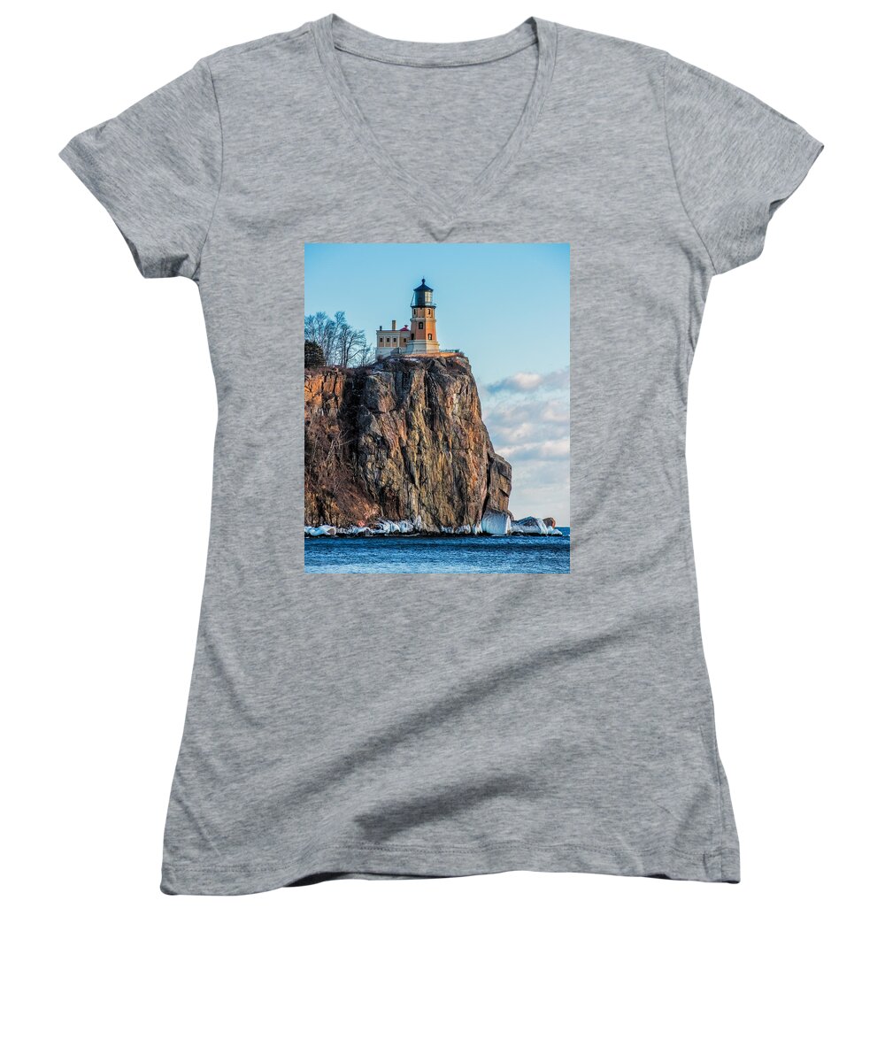 Split Rock Lighthouse Women's V-Neck featuring the photograph Split Rock Lighthouse In Winter by Paul Freidlund