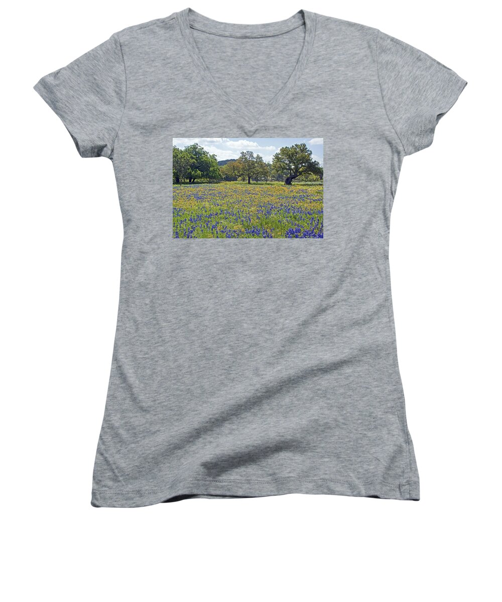 Yellow Women's V-Neck featuring the photograph Spring in the Texas Hill Country by Gary Holmes