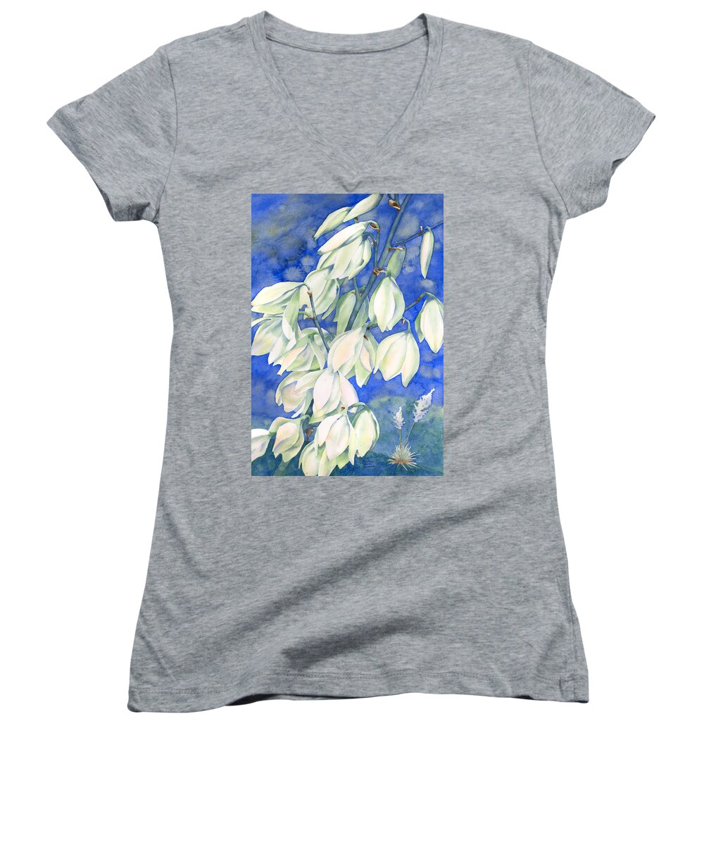 Yucca Blossoms Yucca Plants Women's V-Neck featuring the painting Springtime Splendor by Pauline Walsh Jacobson