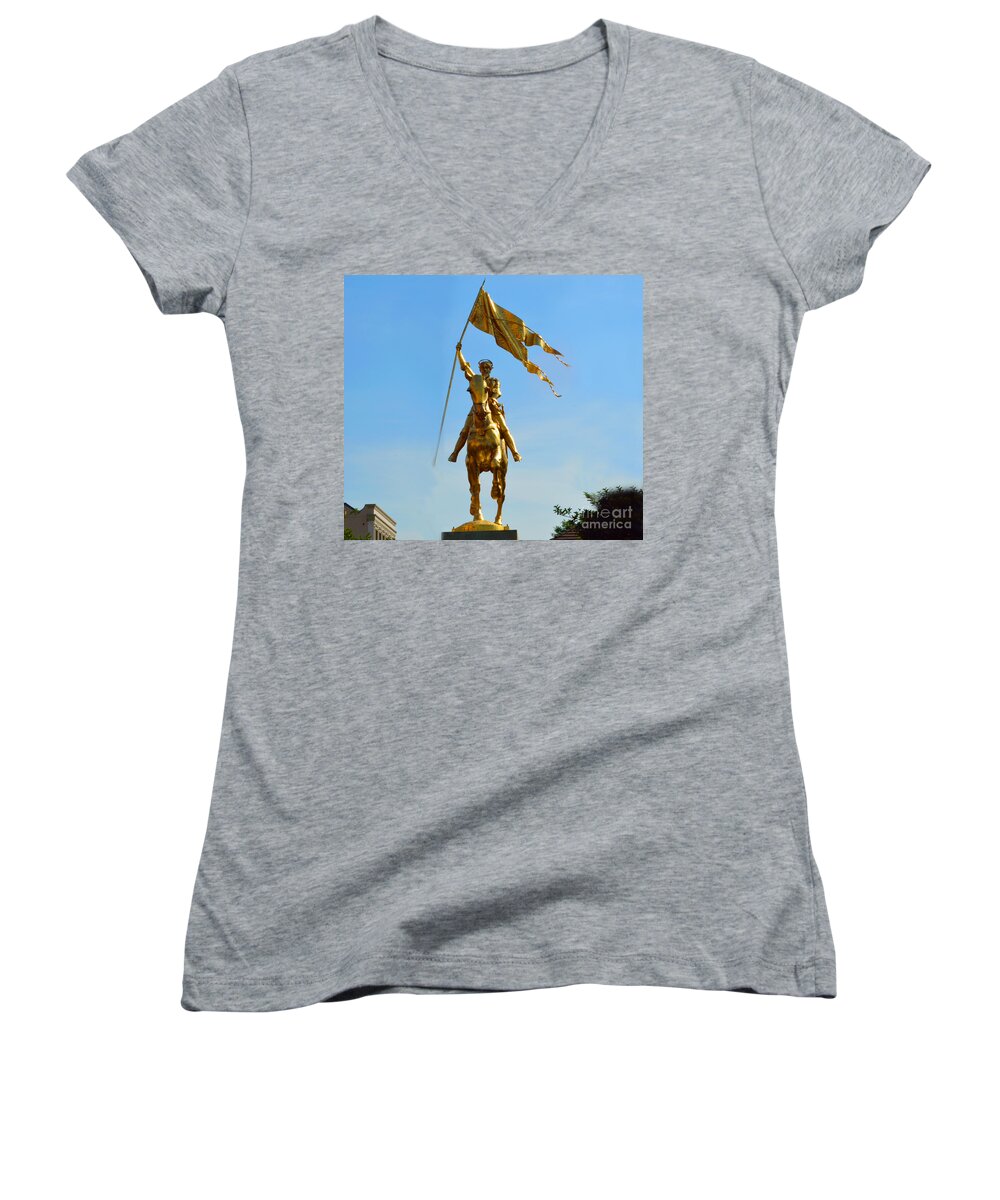 St. Joan Women's V-Neck featuring the photograph St Joan of Arc Statue by Alys Caviness-Gober