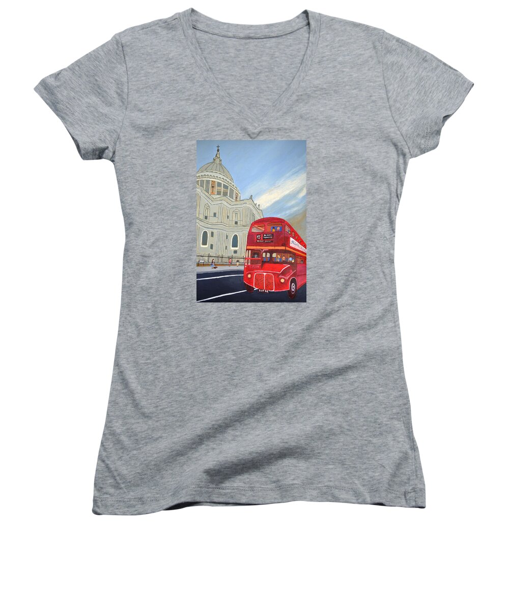 S T. Paul Cathedral And London Bus Women's V-Neck featuring the painting St. Paul Cathedral and London bus by Magdalena Frohnsdorff