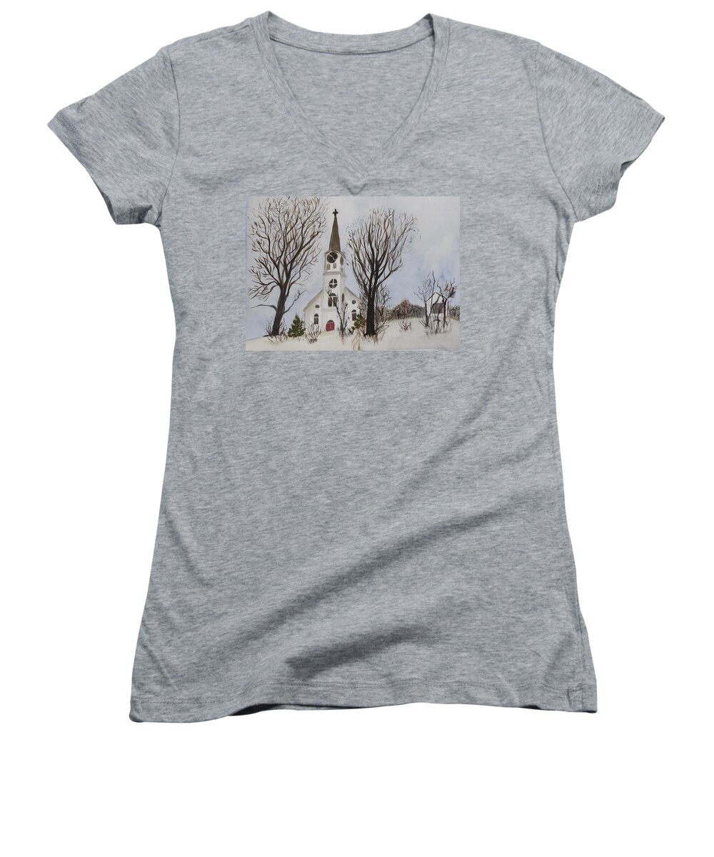 St. Pauls Women's V-Neck featuring the painting St. Pauls Church in Barton VT in Winter by Donna Walsh