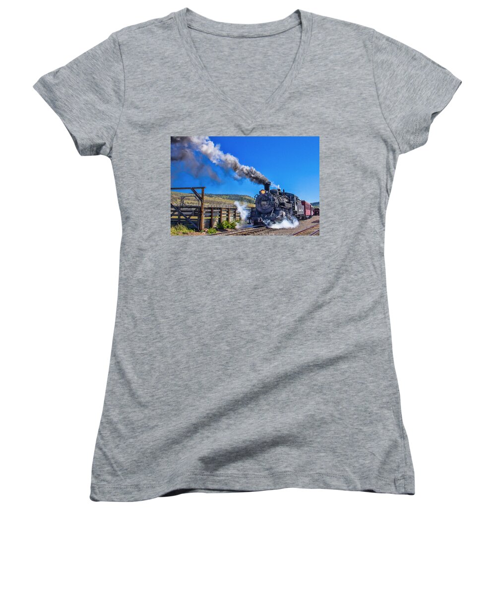 Steven Bateson Women's V-Neck featuring the photograph Steam Engine Relic by Steven Bateson