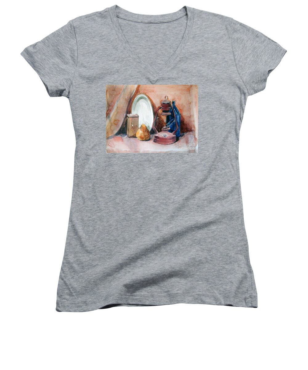 Greta Corens Women's V-Neck featuring the painting Watercolor Still Life with rustic, old Miners Lamp by Greta Corens
