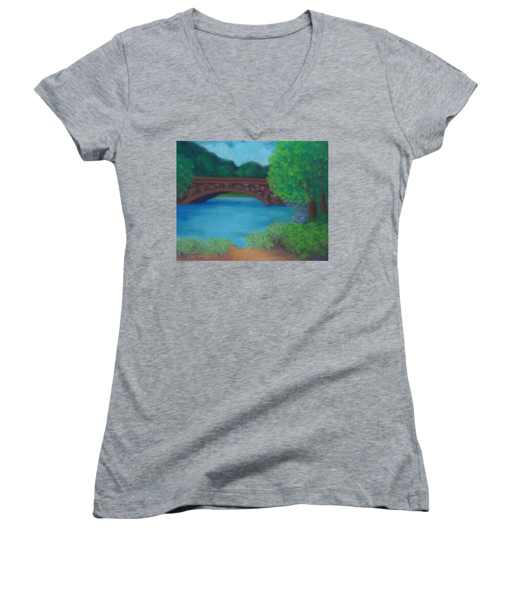 Landscape Women's V-Neck featuring the pastel Stone Bridge by Anne Katzeff