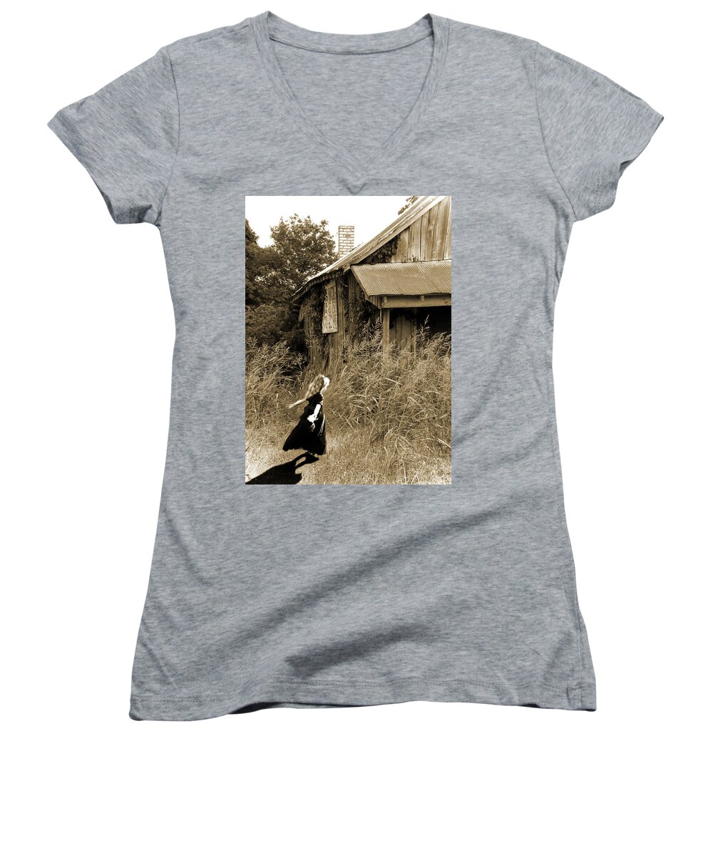 Old House Women's V-Neck featuring the photograph Story of a Girl - Rural Life by Marie Jamieson