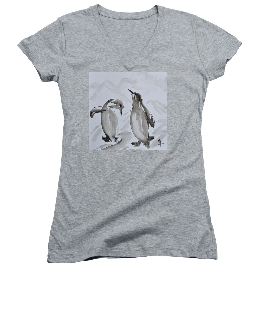 Penguins Women's V-Neck featuring the painting Sumi-e Penguin Dance by Beverley Harper Tinsley