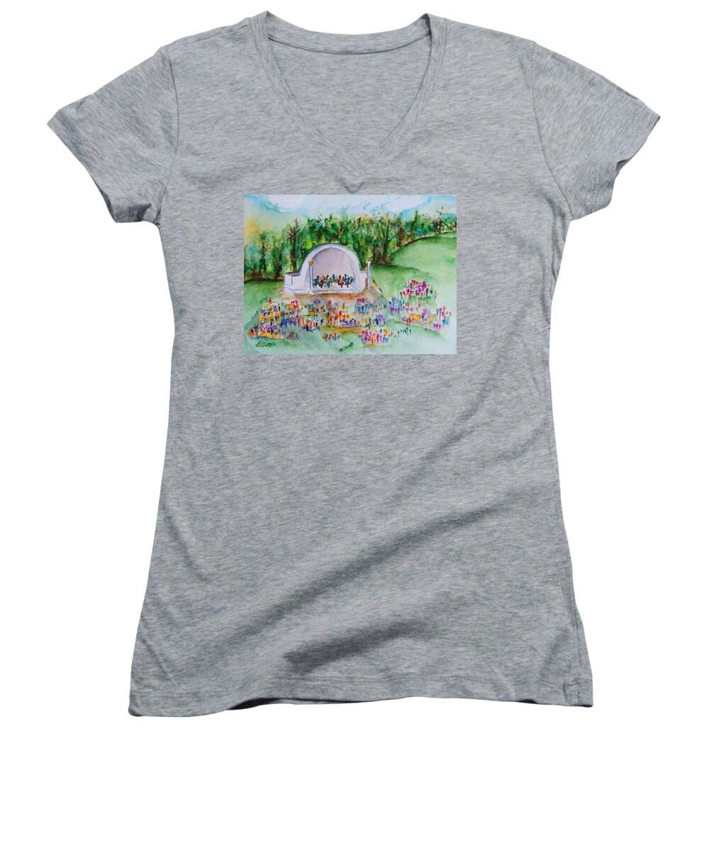 Devou Park Women's V-Neck featuring the painting Summer Concert in the Park by Elaine Duras