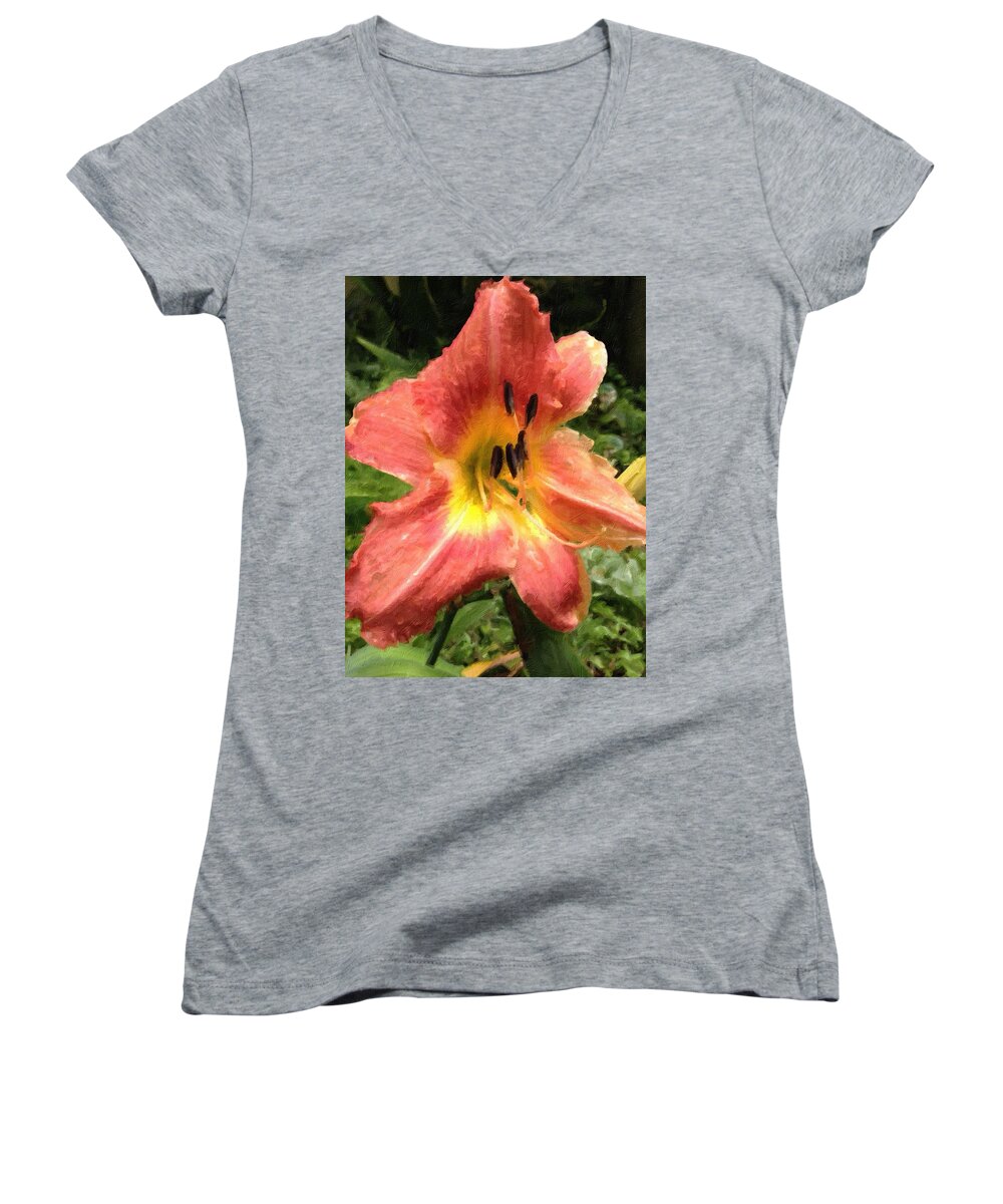 Daylilly Women's V-Neck featuring the photograph Sun Day Lilly by John Duplantis