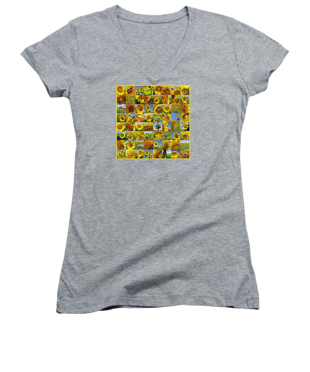 Sunflower Women's V-Neck featuring the photograph Sunflower field collage in yellow by Daliana Pacuraru