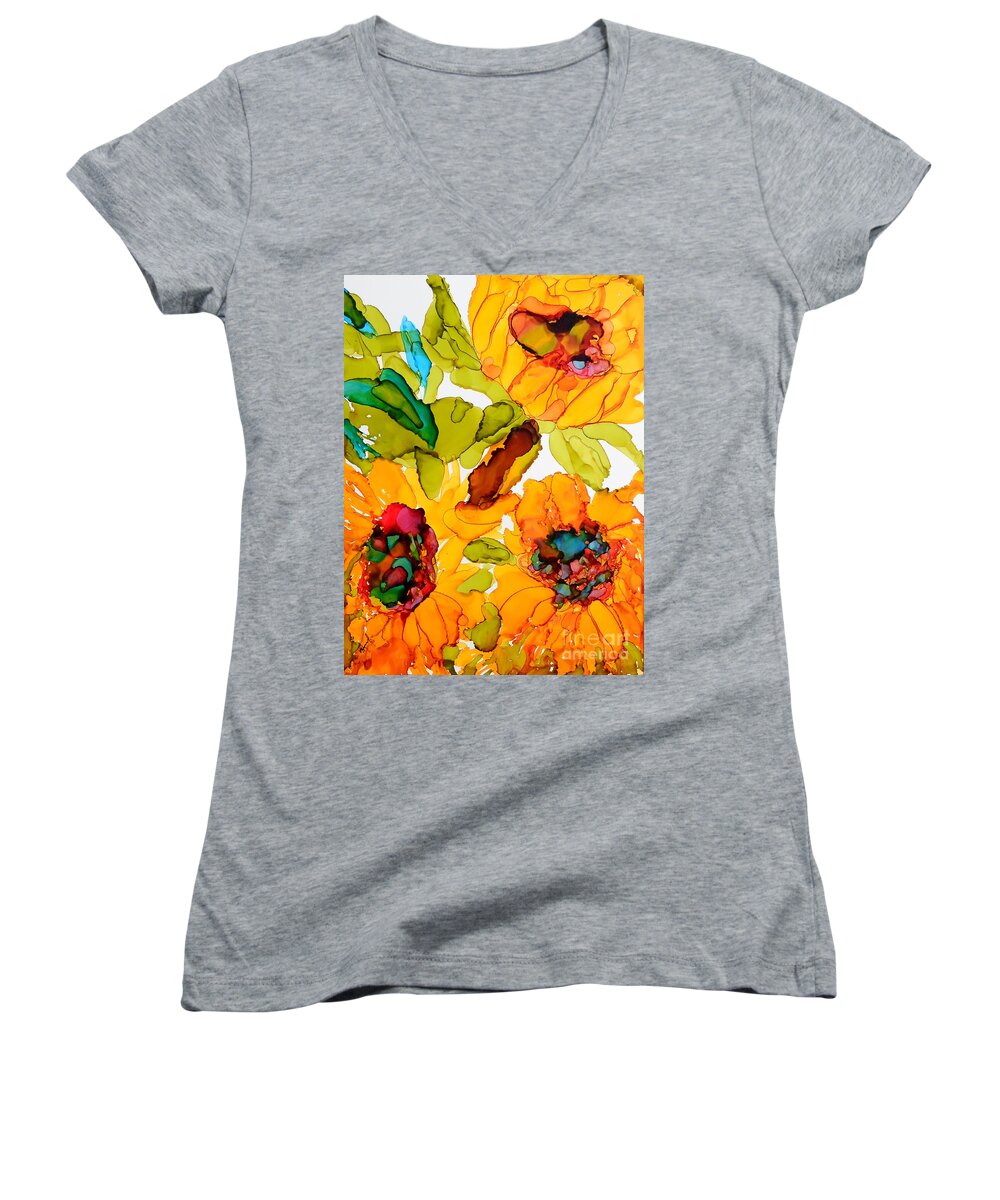 Alcohol Ink Women's V-Neck featuring the painting Sunflower Trio by Vicki Housel