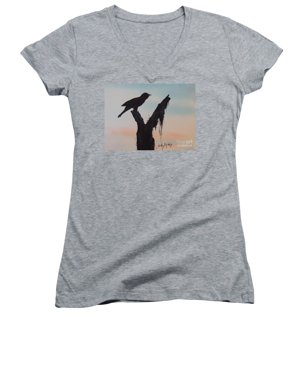 Watercolor Realistic Bird Sunrise Women's V-Neck featuring the painting Sunrise Singer by Sandy Brindle