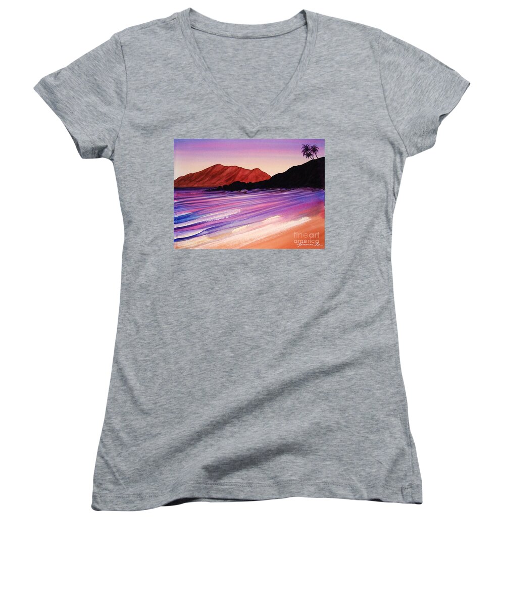 Sunset Women's V-Neck featuring the painting Sunset at Black Rock Maui by Frances Ku