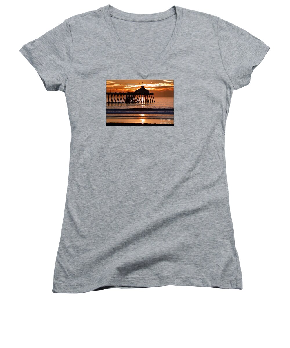 Sunset Women's V-Neck featuring the photograph Sunset at IB Pier by Barbie Corbett-Newmin