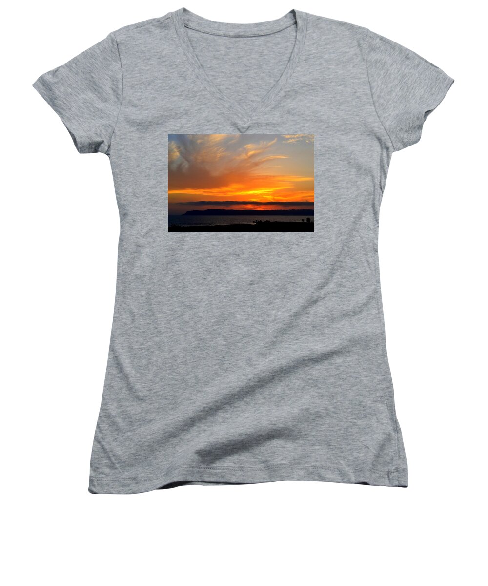 Sunset Women's V-Neck featuring the photograph Sunset at Point Loma from Coronado California by Katy Hawk