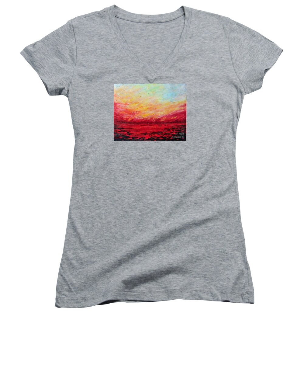 Abstract Women's V-Neck featuring the painting Sunset Fiery by Teresa Wegrzyn