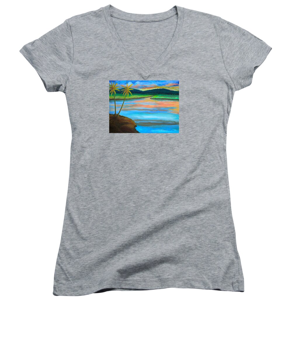 All Apparels Women's V-Neck featuring the painting Sunset by Lorna Maza