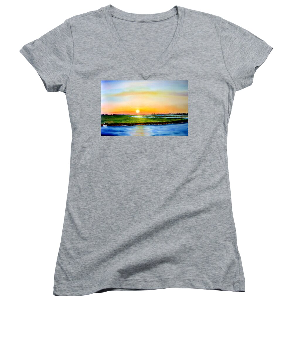 Sunset Women's V-Neck featuring the painting Sunset on the Marsh by Phyllis London