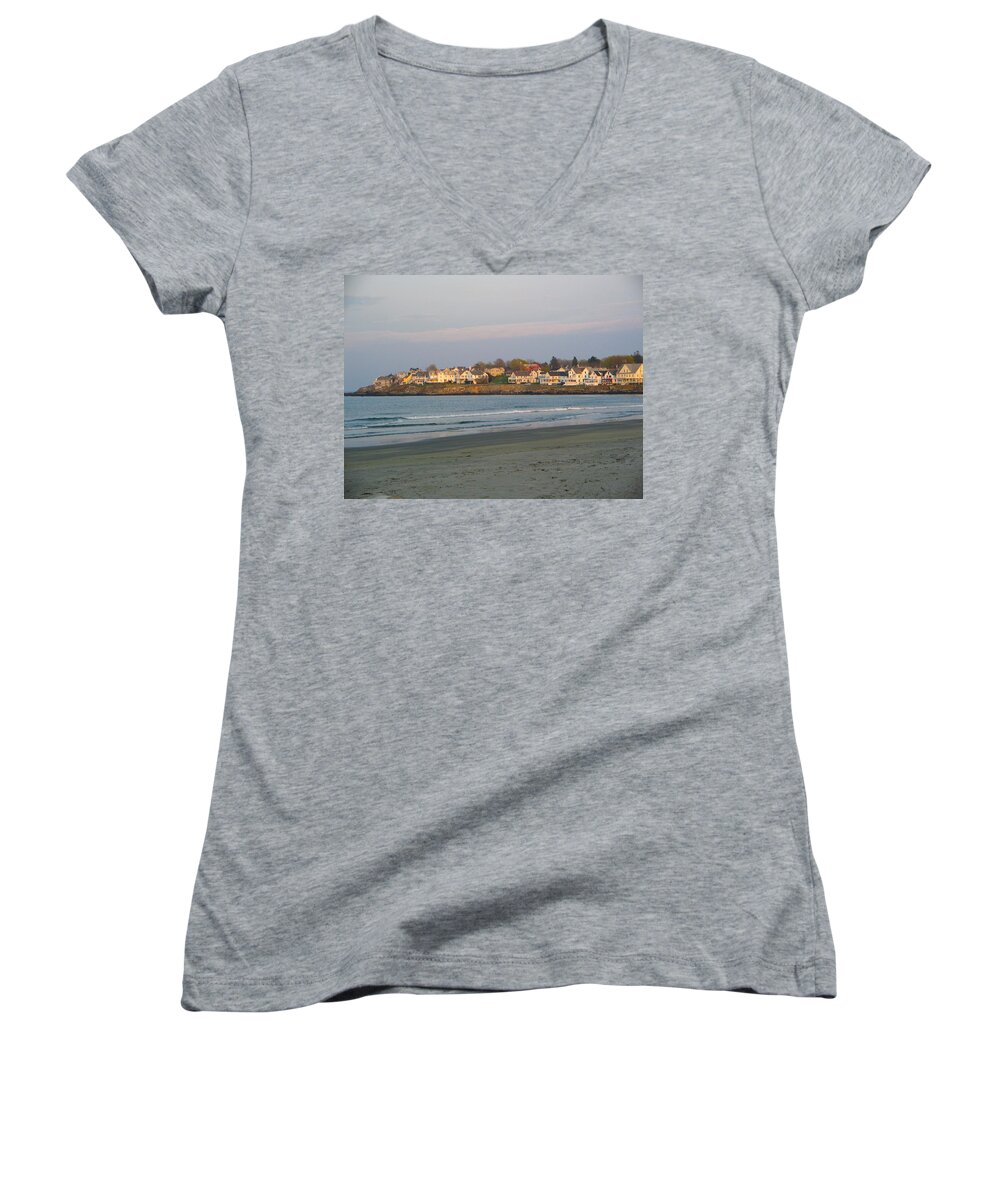 York Beach Women's V-Neck featuring the photograph Sunset on York Beach by Denise Mazzocco