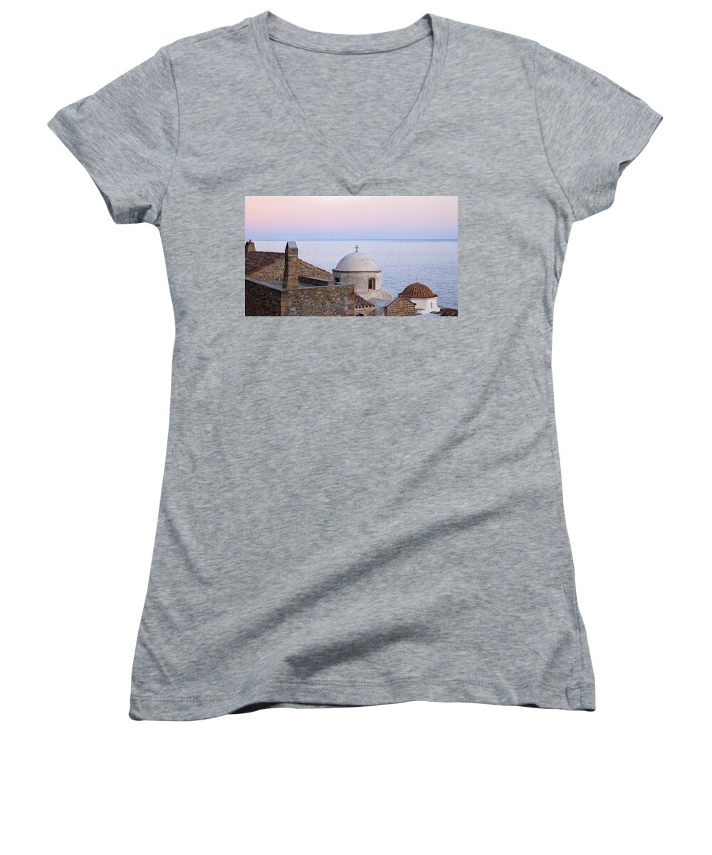 Architecture Women's V-Neck featuring the photograph Sunset over old church by Mike Santis