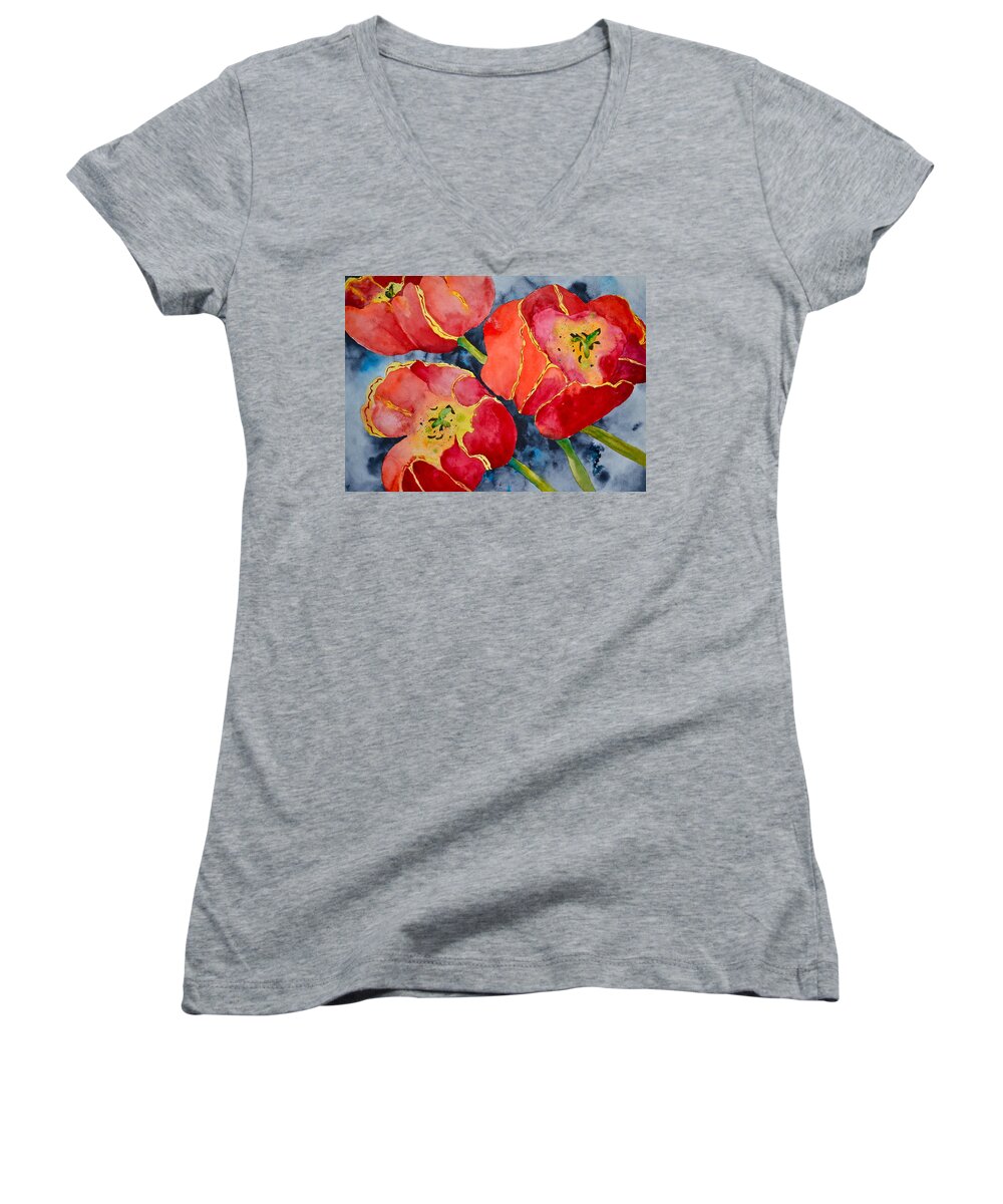 Tulips Women's V-Neck featuring the painting Supta Vajrasana by Beverley Harper Tinsley