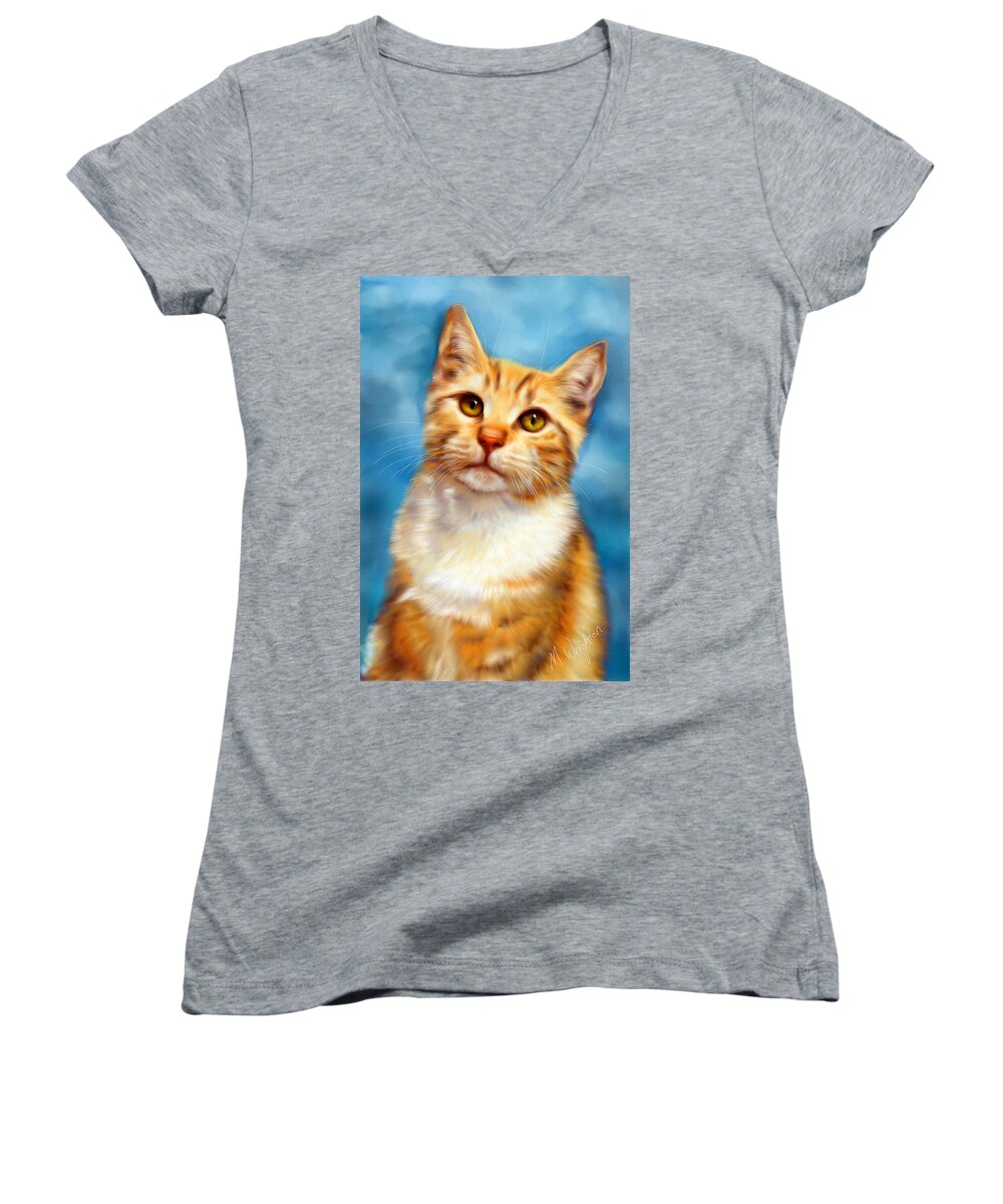 Cats Women's V-Neck featuring the painting Sweet William Orange Tabby Cat Painting by Michelle Wrighton