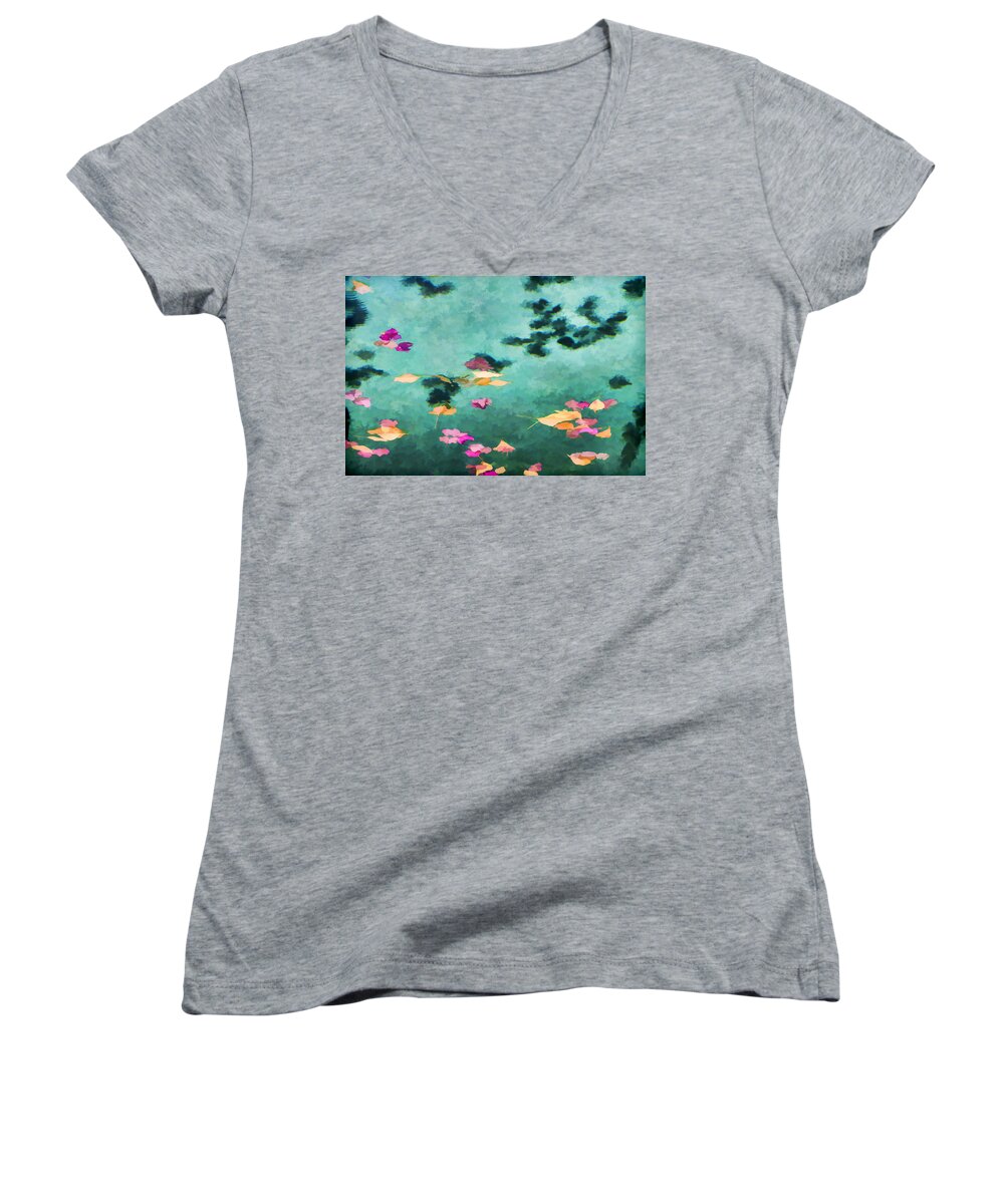 Swimming Pool Women's V-Neck featuring the photograph Swirling Leaves and Petals 6 by Scott Campbell