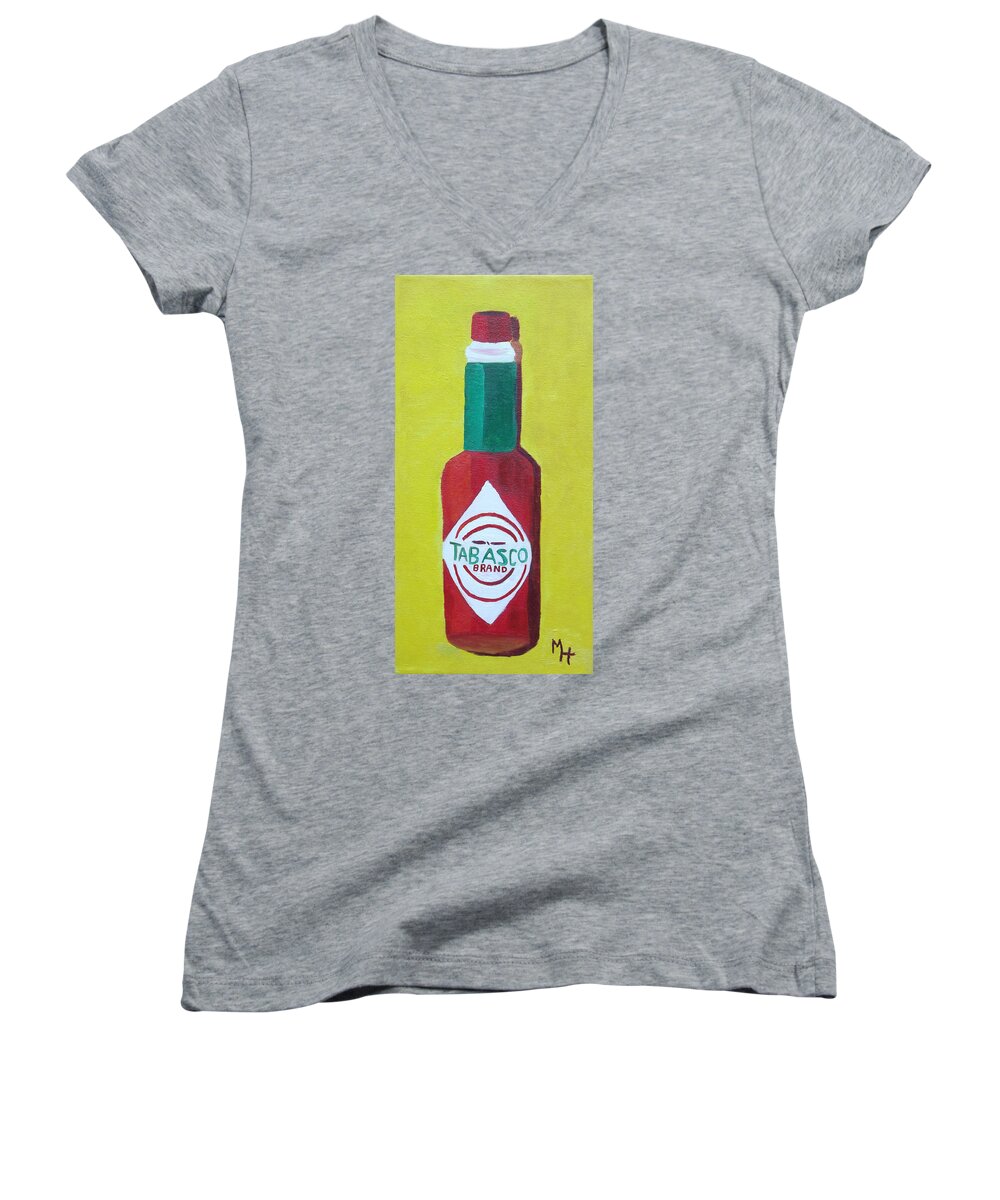 Imaginative Women's V-Neck featuring the painting Tabasco Brand Pepper Sauce by Margaret Harmon